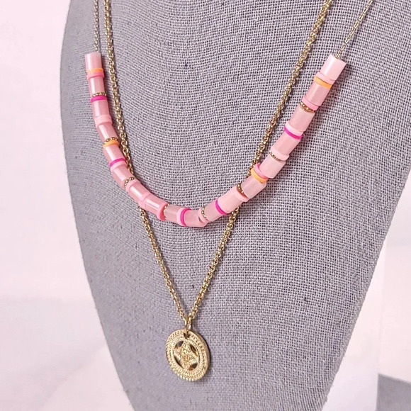 Delicate Necklace Set Pink Minimal Beachy Beaded Gold Tone Charm Coin 2 … - Picture 7 of 10